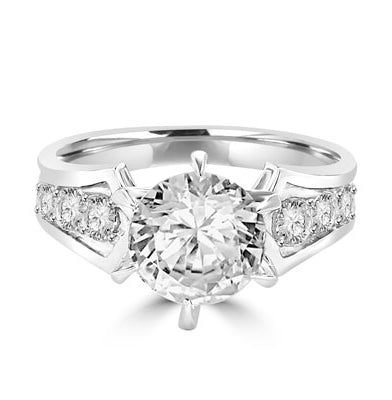 A beautiful engagement ring, Diamond Essence round brilliant stone of 2.0 carat set in six prongs and curved shank with beautiful round melees. 2.5 ct.t.w. set in Platinum Plated Sterling Silver.
