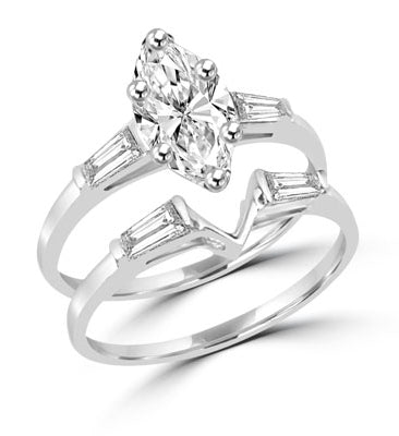 wedding set with 1.25 ct marquise cut diamond in silver ring