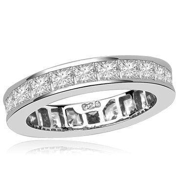 Timeless Eternity Band with Channel set Princess Cut Diamond Essence stones, 3.70 Cts.T.W. set in Platinum Plated Sterling Silver.