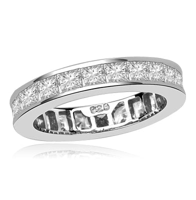 Timeless Eternity Band with Channel set Princess Cut Diamond Essence stones, 3.70 Cts.T.W. set in Platinum Plated Sterling Silver.