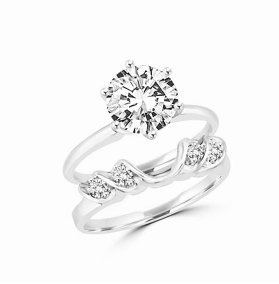 Platinum Plated Sterling Silver swanky ring wrap with round jewels. 0.16 cts. tw. This item does not include solitaire ring.