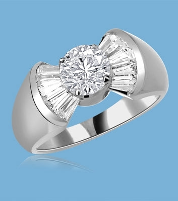 Cunegonde - As Voltaire Says "Tend your garden", say it with this Ring, 1.5 Cts. T.W. with 1 Ct. Round Brilliant Center and 10 Baguettes, in Platinum Plated Sterling Silver.