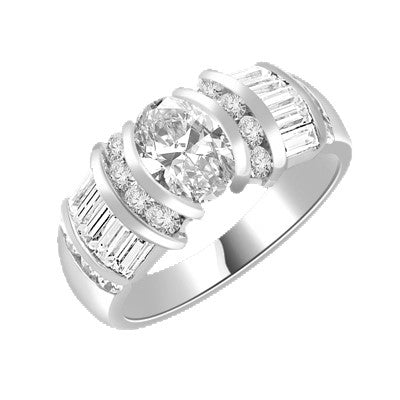 Tosca - Magnificently Brilliant Ring with 1.0 Cts. Oval Center Stone and Melee and Baguette Highlights - 2.0 Cts. T.W. in Platinum Plated Sterling Silver.