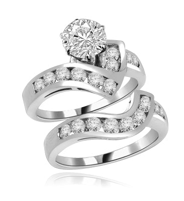 Radames And Aida-Wedding Set in Platinum Plated Sterling Silver, 1.8 Cts.T.W. with 1 Ct. Solitaire and Curvy Channel Set Melee Accents. Show of your Celestial Beauty and Starry Love!