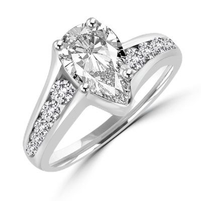 La Jolla. 2.0 cts.t.w. in all, with 1.5 carat Pear cut Diamond Essence center stone, and 0.50 ct. Diamond Essence melee lighting up each side set in Platinum Plated Sterling Silver.