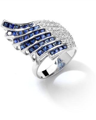 Wildfire - Art Deco Ring with burst of 36 Melee accents followed by 38 flaming Sapphire Essence princess cut jewels. 4.0 Cts. T.W. set in Platinum Plated Sterling Silver.