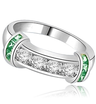 Brilliant channel-set Diamond Essence diamonds with a bar of Emerald Essence on either side. 1.35 cts. T.W. set in Platinum Plated Sterling Silver.