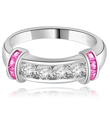 Brilliant channel-set Diamond Essence diamonds with a bar of Ruby Essence on either side. 1.35 cts. T.W. set in Platinum Plated Sterling Silver.