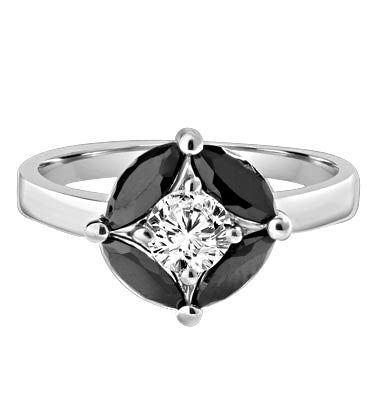 Ring - round-cut diamond is surrounded by marquise-cut black onyx