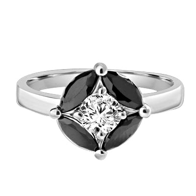 Ring - round-cut diamond is surrounded by marquise-cut black onyx