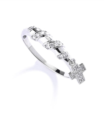 Appealing and Unusual Band with a dangling Cross and softly glowing Diamond Essence pieces, 0.25 Cts.t.w. in Platinum Plated Sterling Silver.