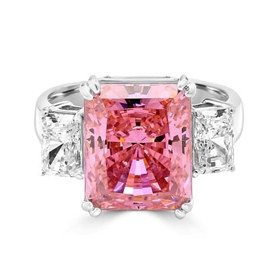 Pink Essence RingEmerald-cut 8-carat Pink Essence ring with Diamond Essence baguettes. 8.5 cts. T.W. set in Platinum Plated Sterling Silver.