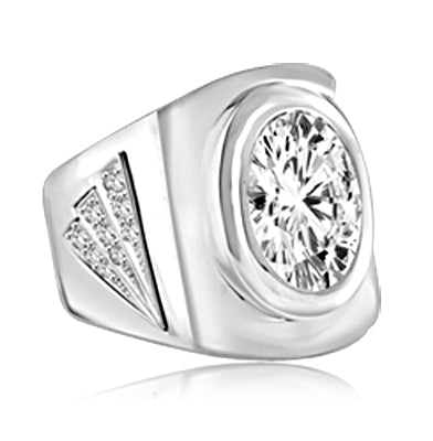 Man's classy wide bodied ring, two-tone with Oval cut center stone set in Platinum Plated Sterling Silver, 6.15 cts.t.w.