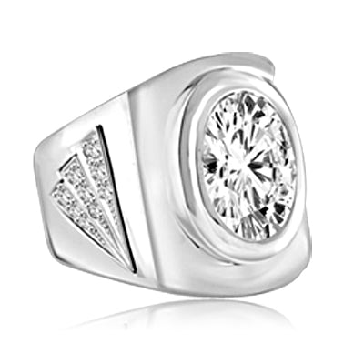 Man's classy wide bodied ring, two-tone with Oval cut center stone set in Platinum Plated Sterling Silver, 6.15 cts.t.w.