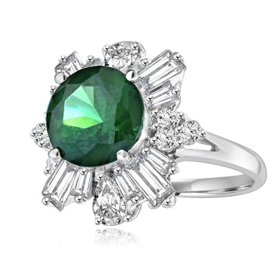 Dazzling ring of 2.5 ct round-cut Emerald Diamond Essence stone with petal baguettes of Diamond Essence round and teardrop masterpieces all around. 4.25 cts. T.W. set in Platinum Plated Sterling Silver.