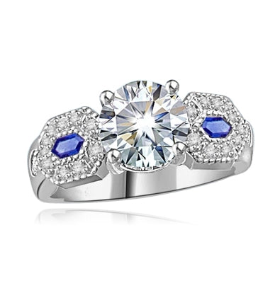 Diamond-&-Sapphire Ring in Platinum Plated Silver