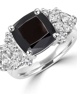 Diamond Essence Designer ring with 4.0 ct. Onyx center with round, marquies and heart shaped stones on each side, 6.5 ct. tw. in Platinum Plated Sterling Silver.