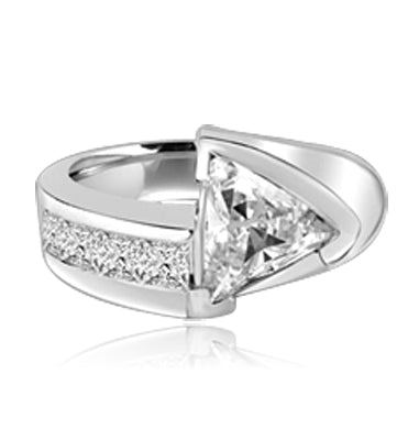 Meet the Star! Graduating Diamond Essence Brilliants ascend to kiss the beauty of shining 4 Cts. Trilliant set exquisitely on channels forming a design to behold. 4.75 Cts. T.W. in Platinum Plated Sterling Silver.