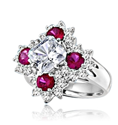 Designer Ring With Asscher cut Diamond Essence in center surrounded by Floral Design created with Round Ruby Essence and Melee. 6.0 Cts. T.W. set in Platinum Plated Sterling Silver