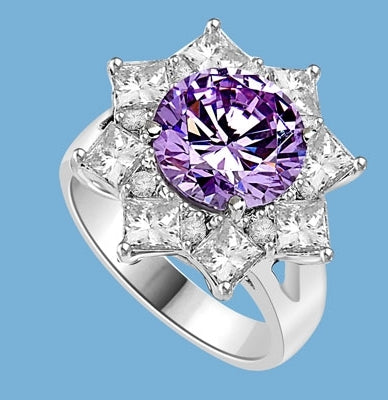 Designer Ring with 3.5 Cts. Round Lavender Essence in center surrounded by Princess Cut Diamond Essence and Melee, making a Beautiful Floral Design. 6.5 Cts. T.W. set in Platinum Plated Sterling Silver.
