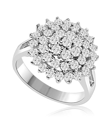 Artistic Flower Cluster Ring that is soaring in poularity. You will sparkle in this sheer brilliance of 4 Cts. T.W. Accents set on Wide Band. In Platinum Plated Sterling Silver.