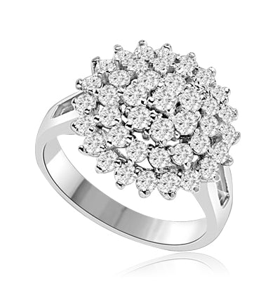 Artistic Flower Cluster Ring that is soaring in poularity. You will sparkle in this sheer brilliance of 4 Cts. T.W. Accents set on Wide Band. In Platinum Plated Sterling Silver.