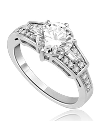 Mesmerizing 2.0 Ct Brilliant stone is adorned by superbly crafted Baguettes and Round Melee forming 2.5 Cts. T.W. In Platinum Plated Sterling Silver.