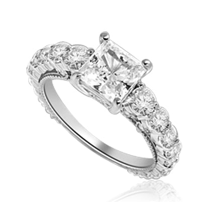Engagement Ring With Princess Cut Diamond Essence Set in Center accompanied by Round Brilliant Diamond Essence going down the band. 3.25 Cts. T.W. set in Platinum Plated Sterling Silver.
