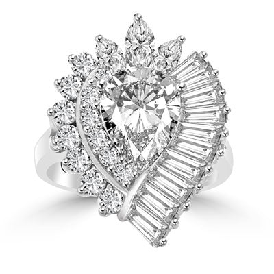 Cocktail Ring with 2.50 cts. Pear cut Diamond Essence in the center,artistically surrounded by Baguettes, Marquise and Round Brilliant stones, 7.0 cts.t.w. set in Platinum Plated Sterling Silver.