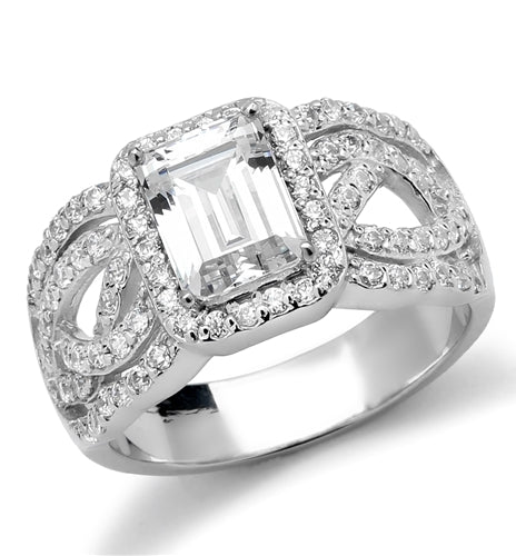 Platinum Plated Sterling Silver Designer Ring With 1.50 Cts. Emerald Cut Diamond Essence Center Surrounded By Melee And Exquisitely Set Round Brilliant Melee On Both The Sides Of Band, 2.50 Cts.T.W.