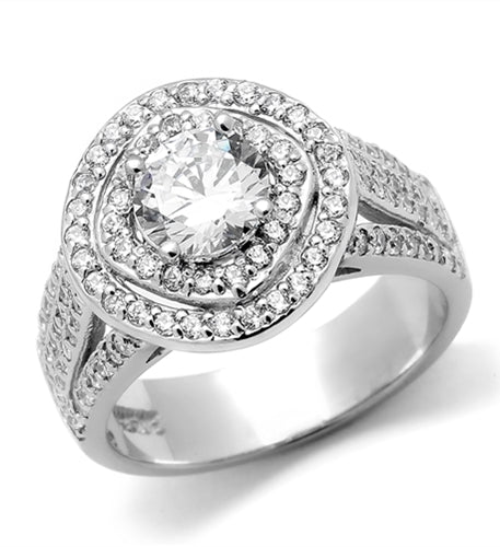 Diamond Essence Designer Ring With Round Brilliant 1 Ct. Center surrounded By Melee, 3 Cts.T. W. In Platinum Plated Sterling Silver.