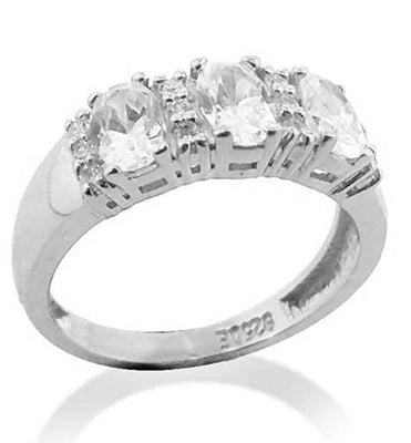 Diamond Essence Ring With Three Oval Stone Seperared By Round Brilliant Melee in platinum Plated Sterling SiIver.