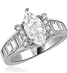 Diamond Essence Designer Ring With Marquise cut Diamond Essence, 1.50 Cts set in six prongs and Diamond Essence Melee on two sides on curved bars,The band is enhanced with Diamond Essence baguettes, 3.50 Cts.T.W. in Platinum Plated Sterling Silver.