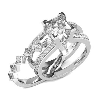 Diamond Essence Designer Wedding set with insertable wedding ring of 0.10 ct. each princess melee. Main band with 2 carat Princess cut center and round melee on the band. Beautiful wedding set with 3.5 Cts.t.w. in Platinum Plated Sterling Silver