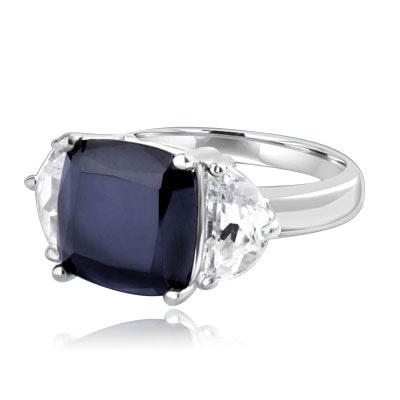 Half Moon Ring - 1.0 Cts. Half Moon Shaped Diamond Essence, set on each side of 4.0 Cts. Cushion cut Onyx Essence in center, 6.0 Cts. T.W. set in Platinum Plated Sterling Silver.