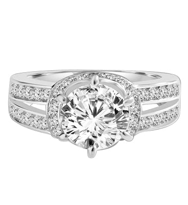 Engagement Ring- 1.75 Cts. Tiffany set Round Brilliant Diamond Essence in center enhanced by melee in curvd setting and two rows of melee on each side, adding more sparkles. 2.25 Cts T.W. set in Platinum Plated Sterling Silver.