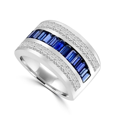 Sparkling Ring with three rows of Brilliance. Sapphire Essence Baguettes center is accentuated by Channel set Princess cut Diamond Essence Masterpieces. 5.0 cts.t.w. in Platinum Plated Sterling Silver.
