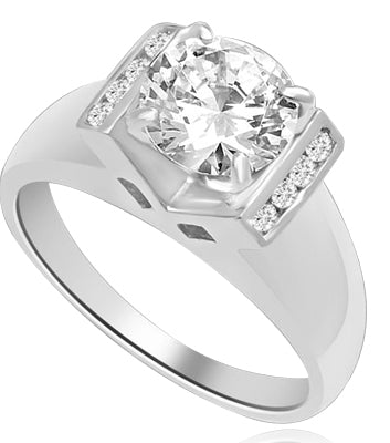 A Brilliant 2 Ct. Round sits smartly atop a wide tapering band with bezel set accentuators. The V Groove is an eye pleaser with 4 prong setting. 2.10 Ct. T.W. In Platinum Plated Sterling Silver.