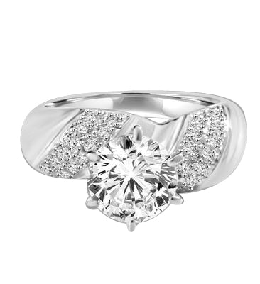 Sparkling Twist - 2.0 Cts. Round Brilliant Diamond Essence Set in center with cluster of Melee, on each side making twisted design, 2.35 Cts. T.W. set in Platinum Plated Sterling Silver.