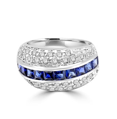 Diamond and Sapphire Ring - Impressive ring, one row of 2.0 Cts. Princess Cut Sapphire Essence stones in center with two rows of melee on each side. 2.50 Cts.T.W. set in Platinum Plated sterling Silver.