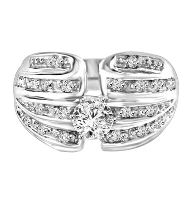 Designer Ring with 0.50 Ct. Round Brilliant Diamond Essence in center with five rows of sparkling Melee on both side. 0.85 Cts. T.W. set in Platinum Plated Sterling Silver.