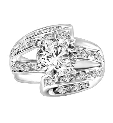 Abstract Art - 2.75 Cts. Round Brilliant Diamond Essence set high in center with Melee set abstract design flowing underneath center to halfway down the band.3.25 Cts. T.W. set in Platinum Plated Sterling Silver.