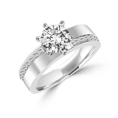 Diamond Essence Ring with 2.0ct. Round brilliant stone set in six prongs with round stones on each side, 2.5ct. tw. in Platinum Plated Sterling Silver.