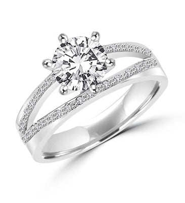 Diamond Essence Ring with 1.0ct. Round brilliant stone set in six prongs with two rows of round stones on each side, 2.10ct. tw. in Platinum Plated Sterling Silver.