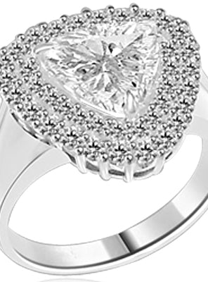 Beautiful designer Ring - Trilliant cut Diamond Essence, 3 ct center set in three prongs setting, surrounded by two rows of Diamond Essence melee. 5.25 cts.t.w.in Platinum Plated Sterling Silver.