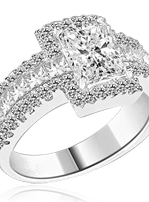 Engagement Ring - 1.75 Cts. Radiant Emerald cut Diamond Essence set in center surrounded by Round Melee and Princess cut Diamond Essence, which flows on band also, making three shinning rows on either side. 5.0 Cts. T. W.