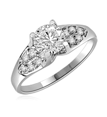 Diamond Essence Designer Ring with 1.0 Ct. Round Brilliant Stone in center accompanied by glittering Melee on sides, 1.50 Cts.T.W. set in Platinum Plated Sterling Silver.