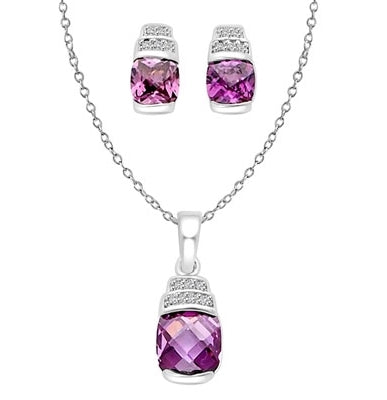 Diamond Essence Cushion cut Amethyst Essence set in prong setting and each with crown setting Diamond Essence melee, 4.5 cts.t.w. in Platinum Plated Sterling Silver.