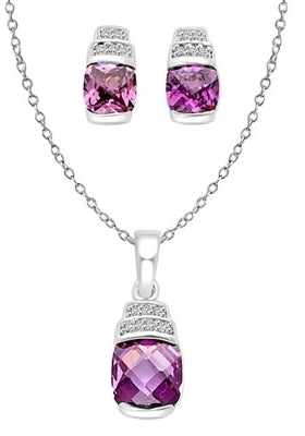 Diamond Essence Cushion cut Amethyst Essence set in prong setting and each with crown setting Diamond Essence melee, 4.5 cts.t.w. in Platinum Plated Sterling Silver.
