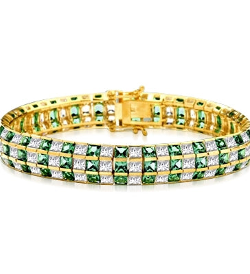 Channel Set Designer Bracelet with Artificial Princess Cut Emerald and Brilliant Diamonds by Diamond Essence set in Vermeil